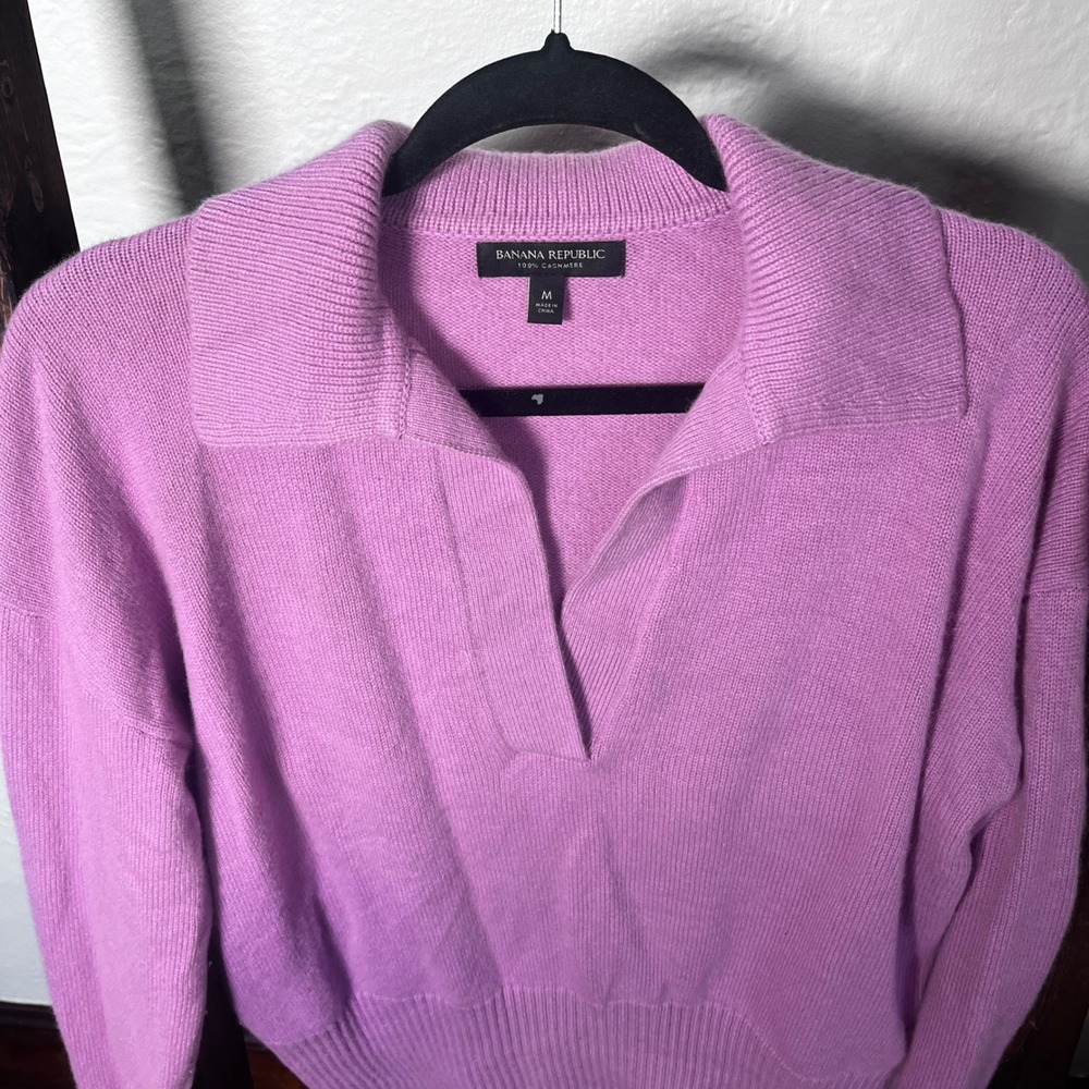 Banana Republic 100% Cashmere Purple V-Neck Polo Collar Sweater Womens Medium - Picture 5 of 11